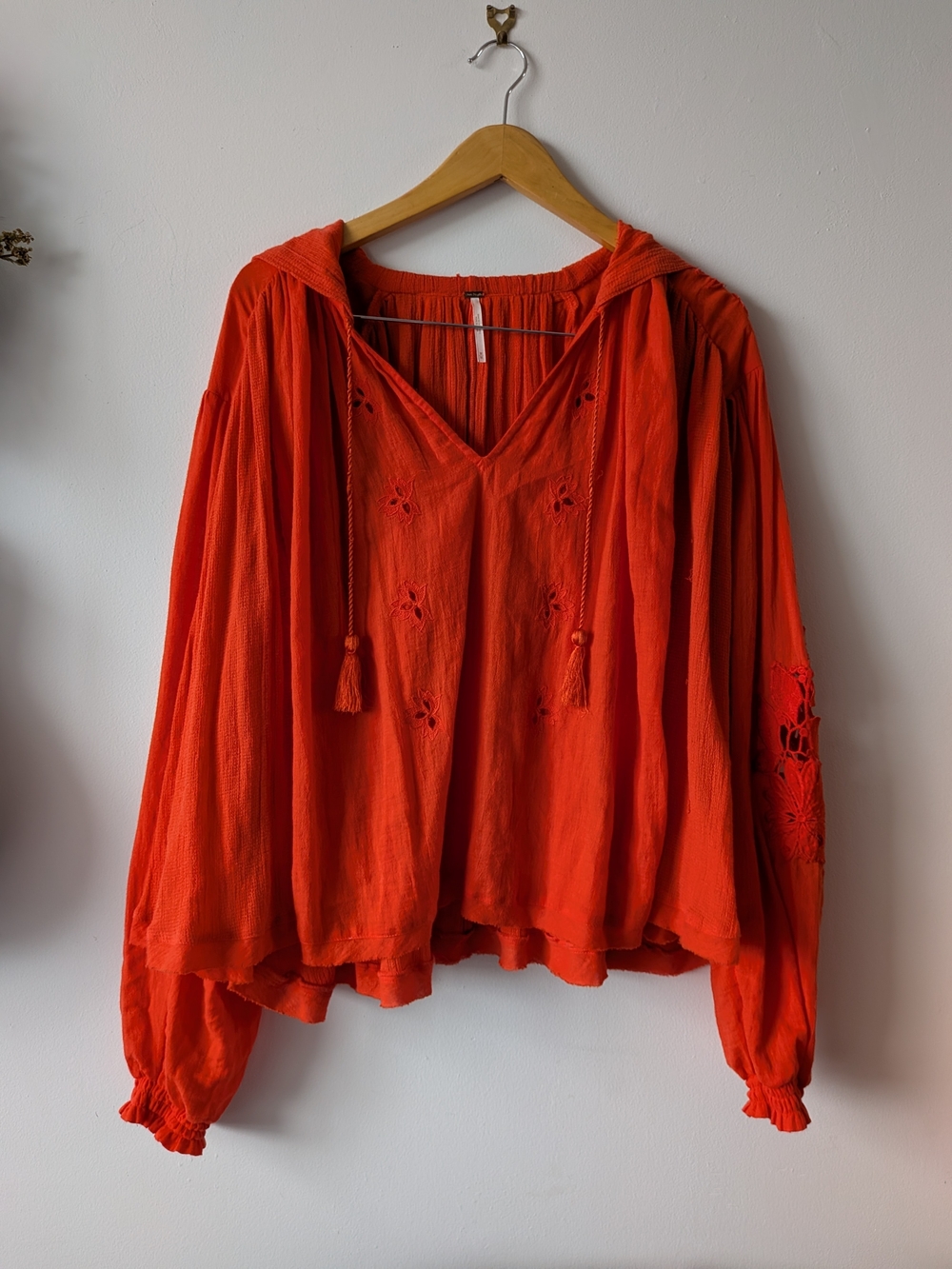 Free People Vibrant Orange Boho Peasant Blouse with Hood